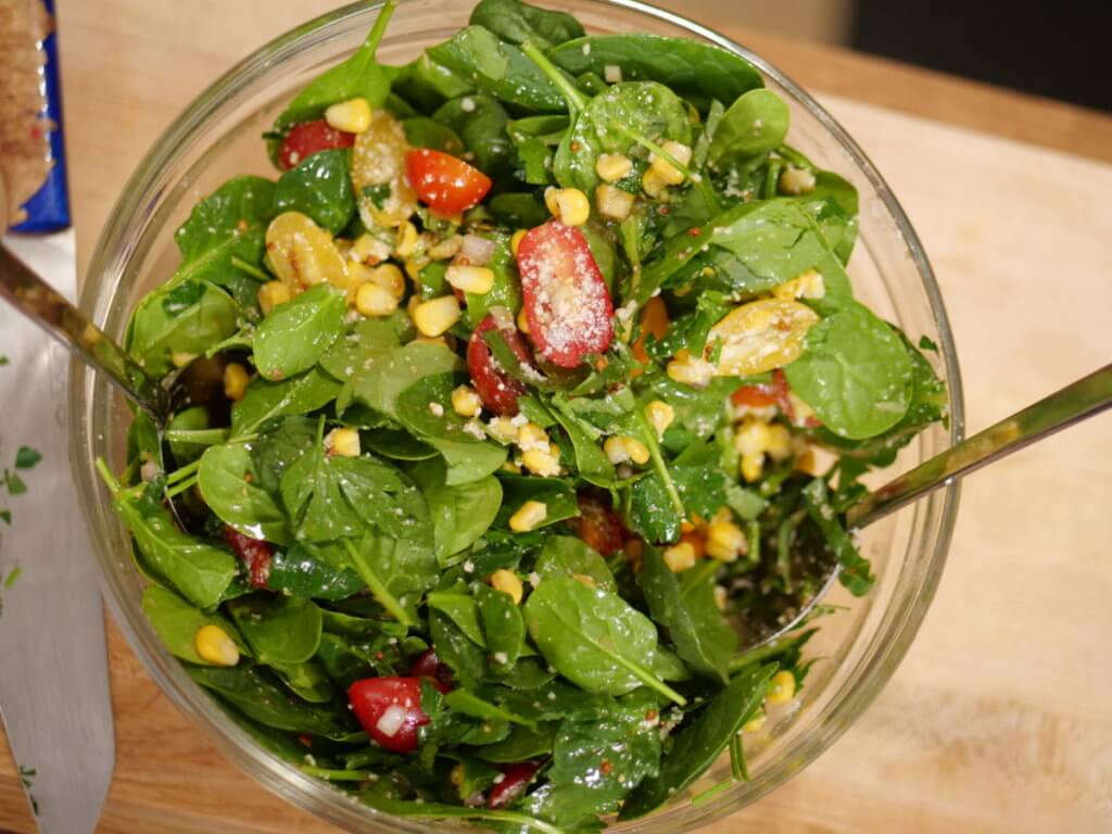 tomato corn salad with miso dressing