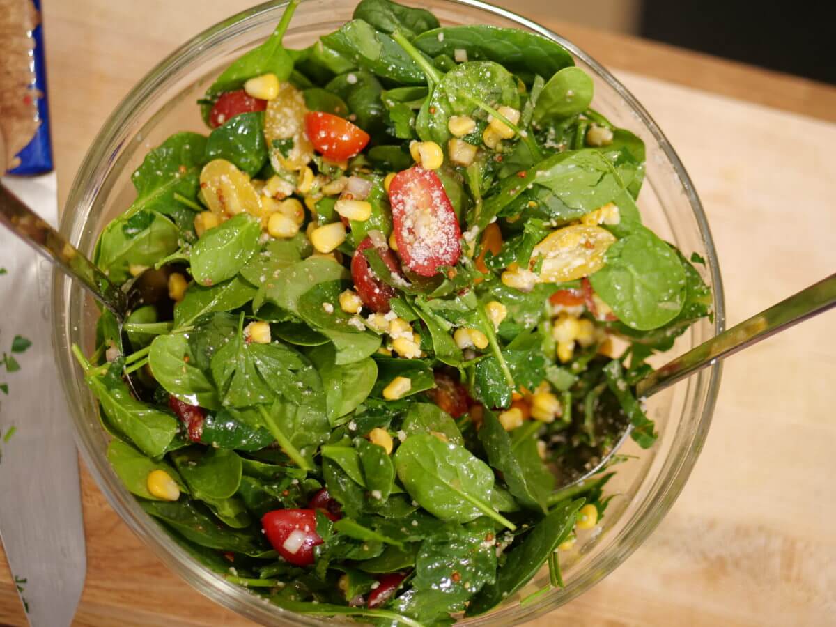 tomato corn salad with miso dressing