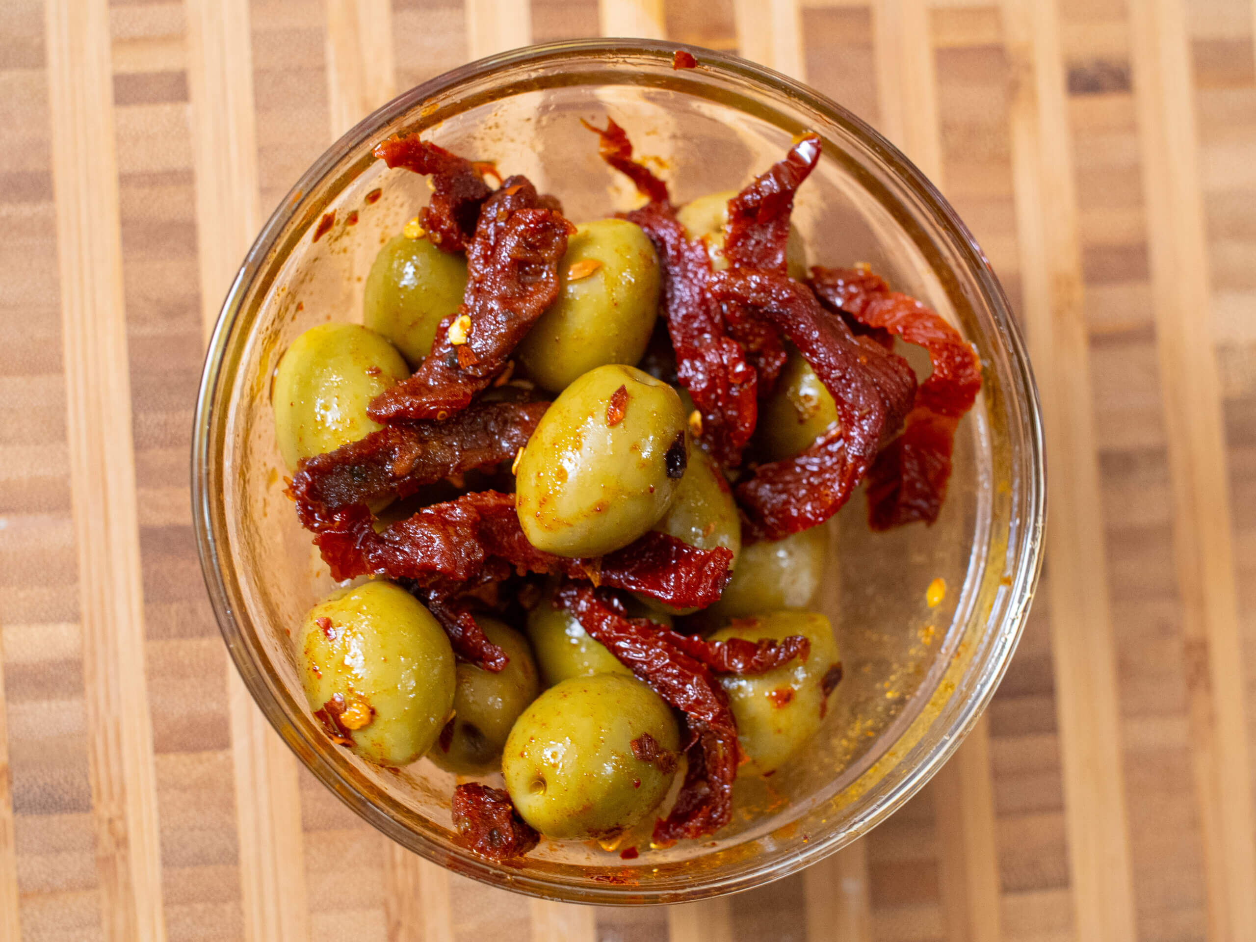 spicy olives overhead photo