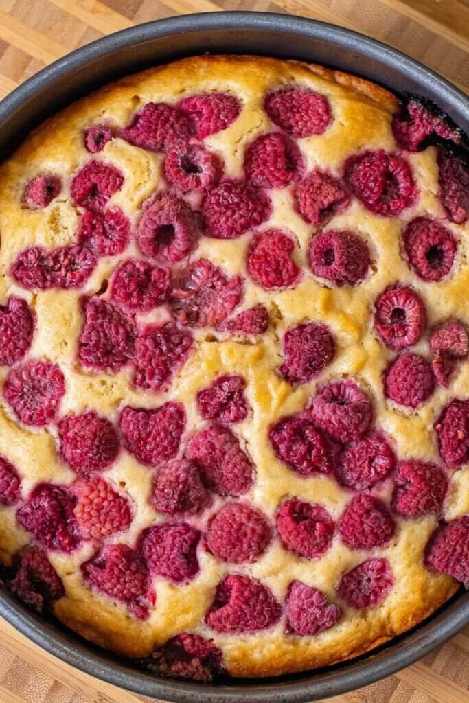 top shot of raspberry summer cake after baking