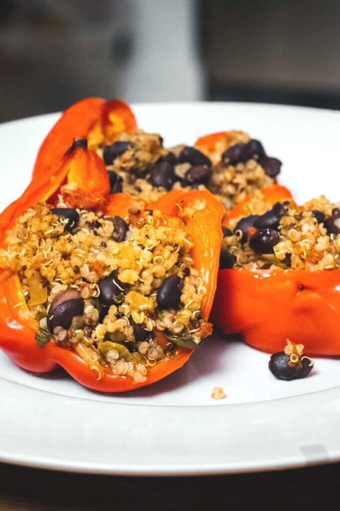 close up of vegan stuffed peppers with quinoa