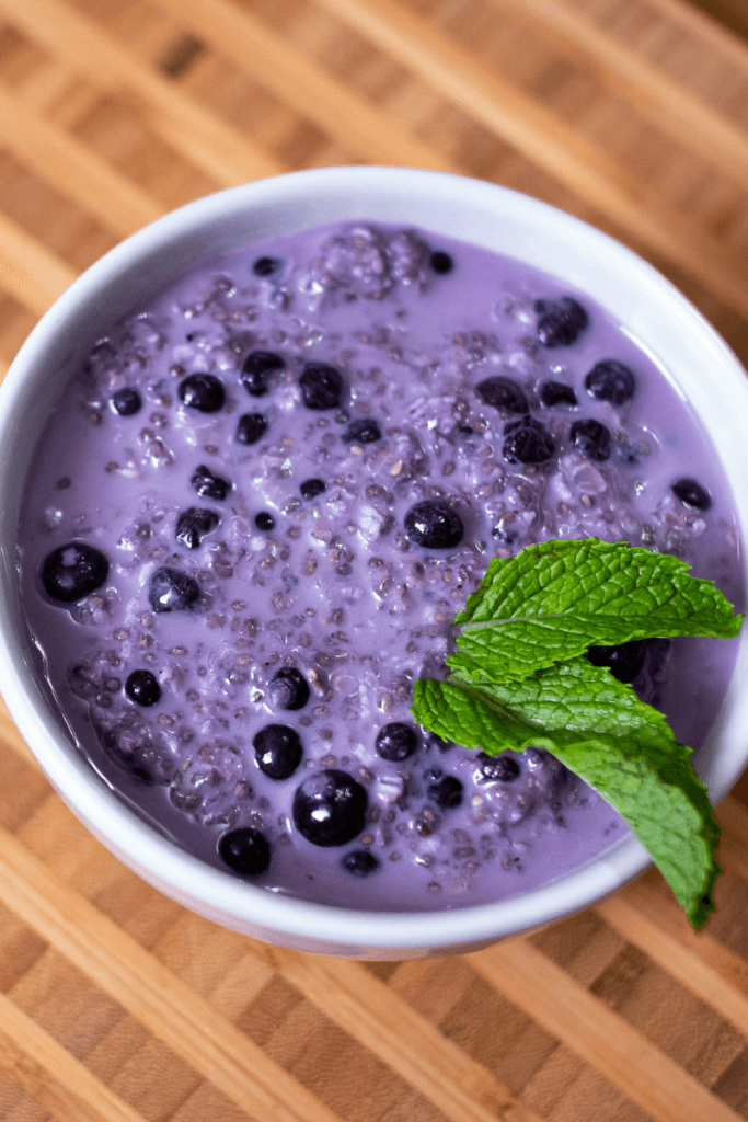 top shot of overnight coffee oats with garnish