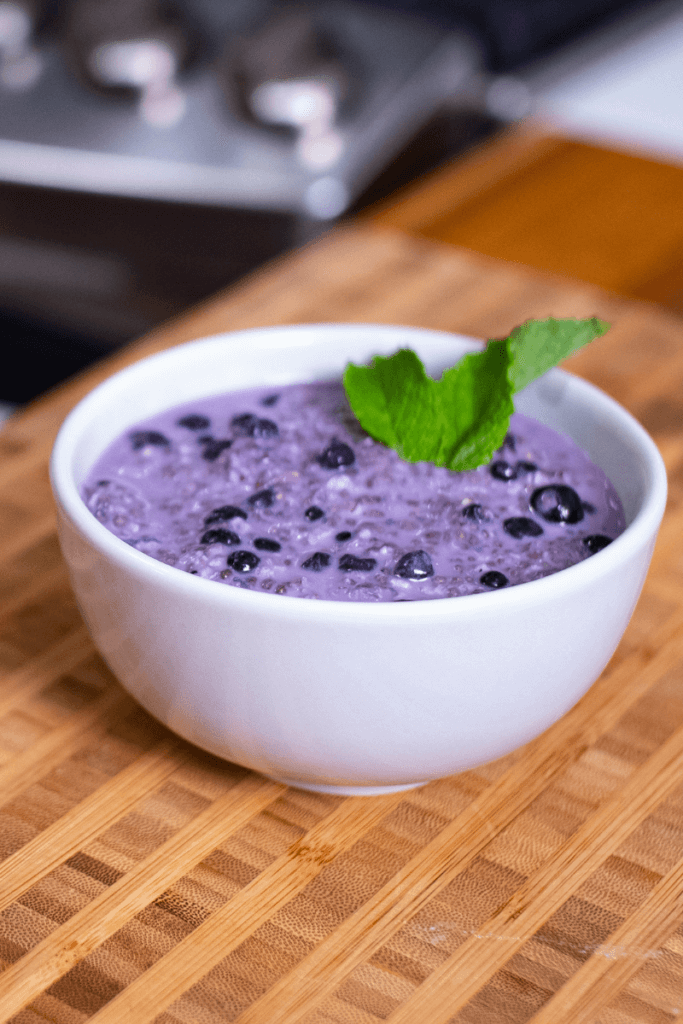 side view of coffee overnight oats in a white bowl with blueberries