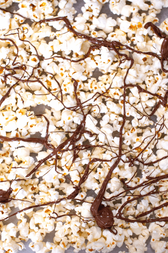 close up of popcorn drizzled with chocolate