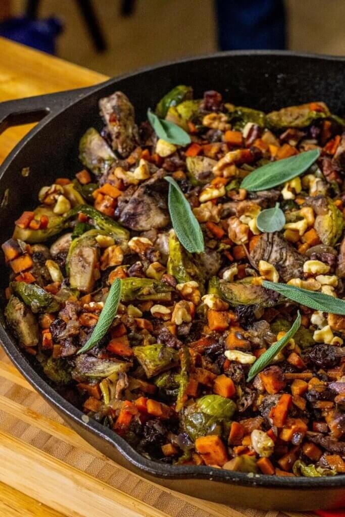 healthy harvest chicken casserole in a cast iron skillet