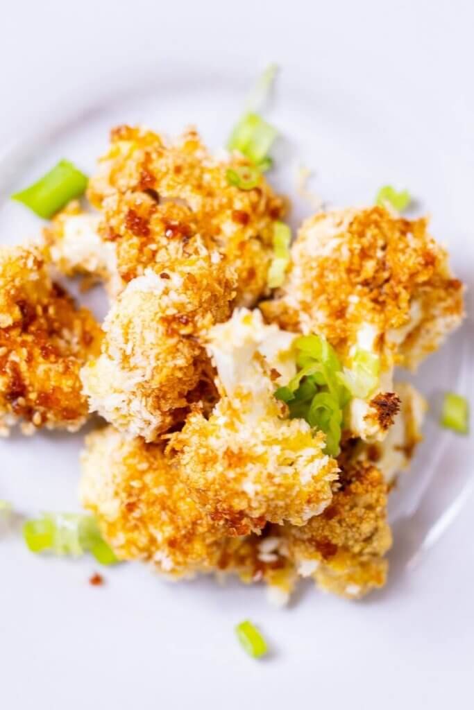 top view of teriyaki cauliflower on a white plate