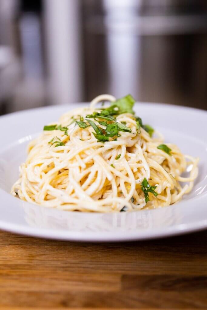 side view of one pot lemon and ricotta pasta