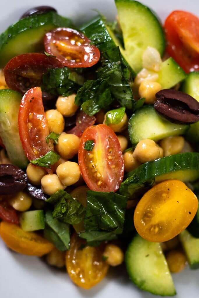 top view of Mediterranean cucumber salad with chickpeas.