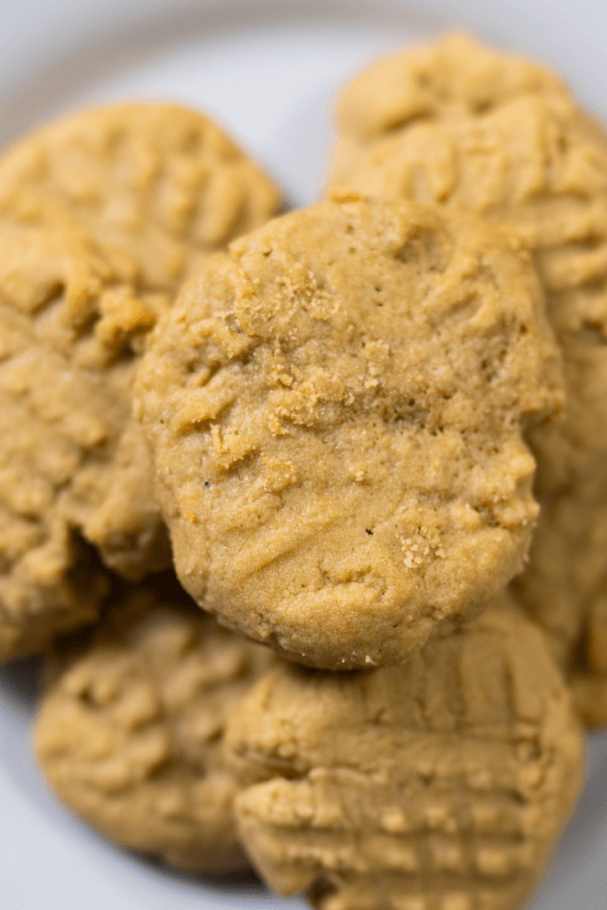 top view of a stack of chewy sun butter cookies on a white plate.