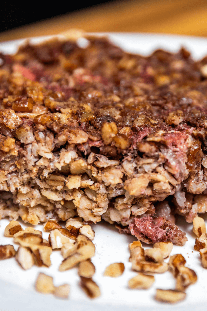 A serving of strawberry baked oatmeal.