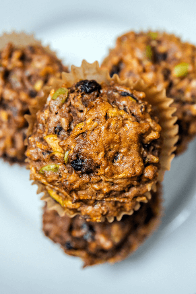 Top view of a stack of morning glory muffins.