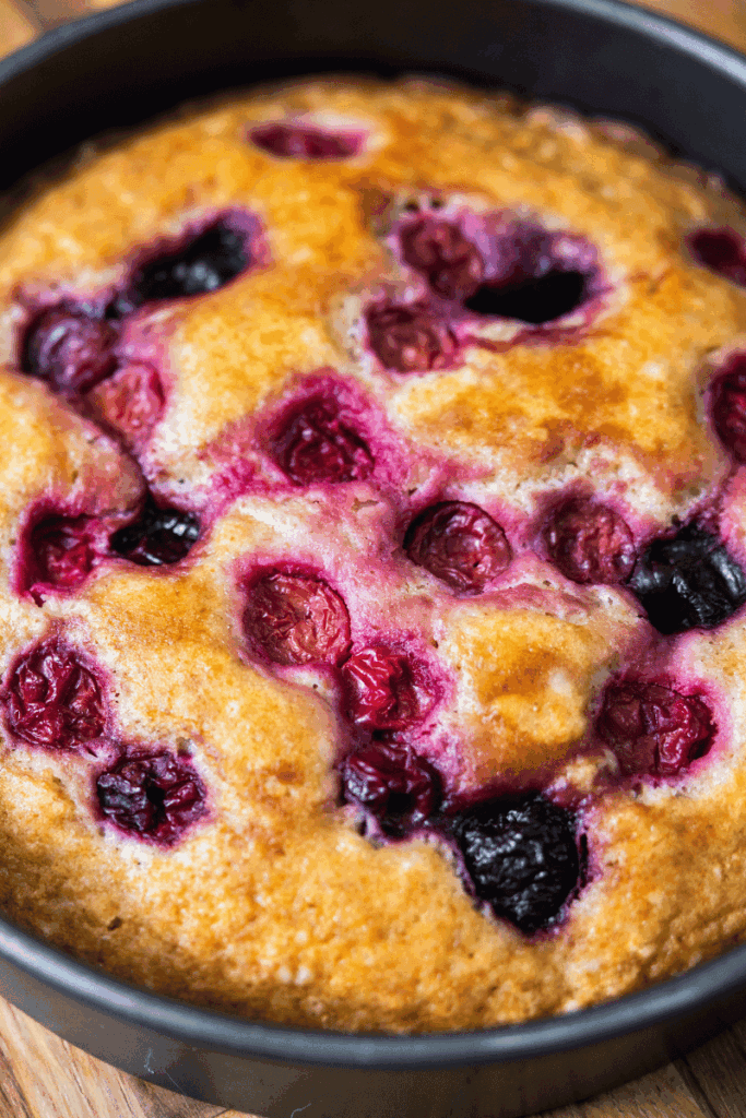 Close up of homemade sour cherry cake in a baking pan.